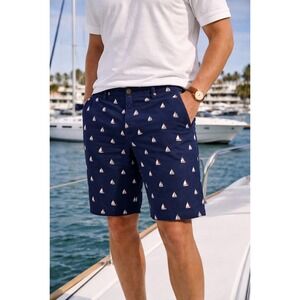 Plugg Mens Sailboat Print Chino Shorts Size 29 Blue 10" Nautical Summer Coastal